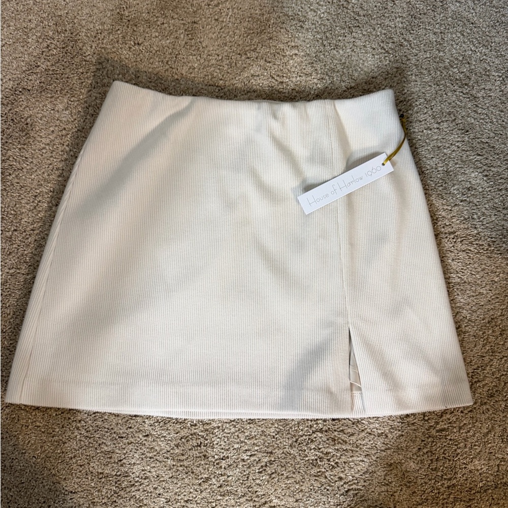 House of Harlow 1960 Cream Ribbed Mini Skirt with Side Slit